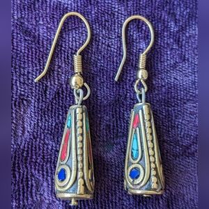 Vintage Exotic Artisan Handmade Turquoise And Coral Dangle Earrings